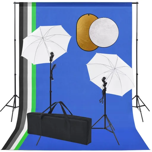 Kit Estudio Fotográfico Lámparas, Sombrillas, Fondo y Reflector