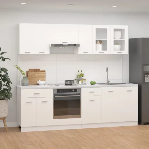 Conjunto de Armarios de Cocina de 8 Piezas "Lyon" de Madera de Ingeniería Blanca