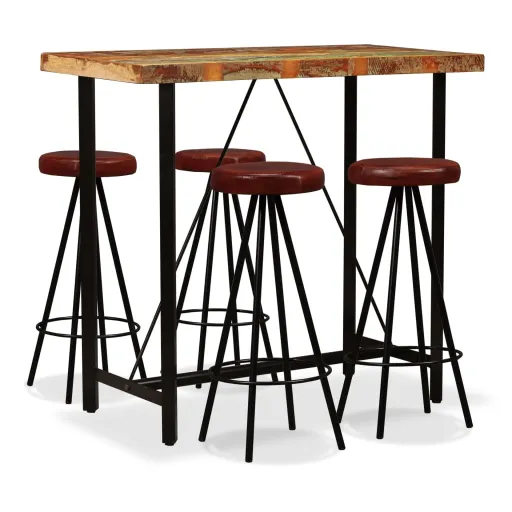 Set Muebles de Bar 5 Pzas Madera Maciza Reciclada Cuero Genuino