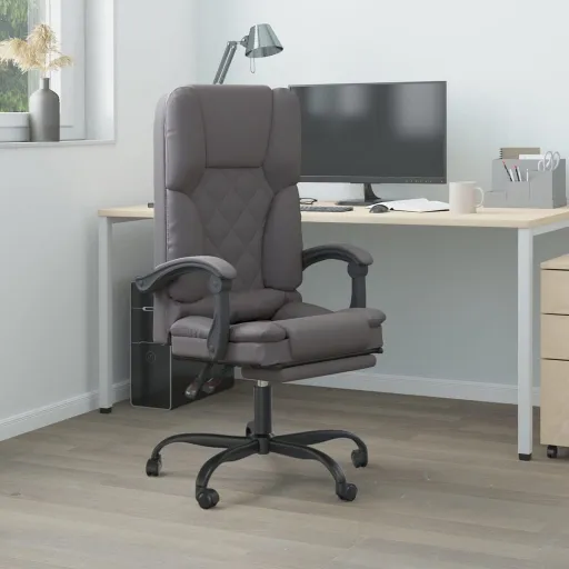 Silla de Oficina Reclinable Masaje Cuero Sintético Gris