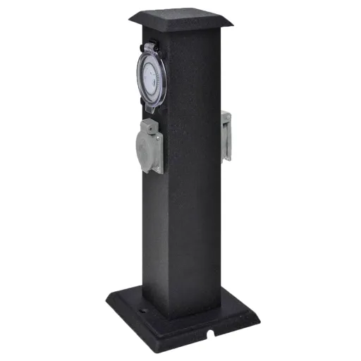 Columna Negra Con Enchufe y Temporizador Para el Jardín