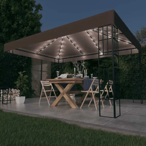 Carpa Cenador de Jardín Con Tira de Luces LED 4x3 m Taupé