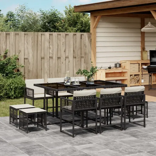 Set de Comedor Jardín 11 Pzas Con Cojines Ratán Sintético Negro