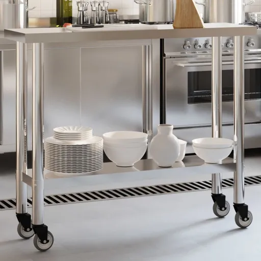 Mesa de Trabajo de Cocina Con Ruedas Acero Inox 110x30x85 cm