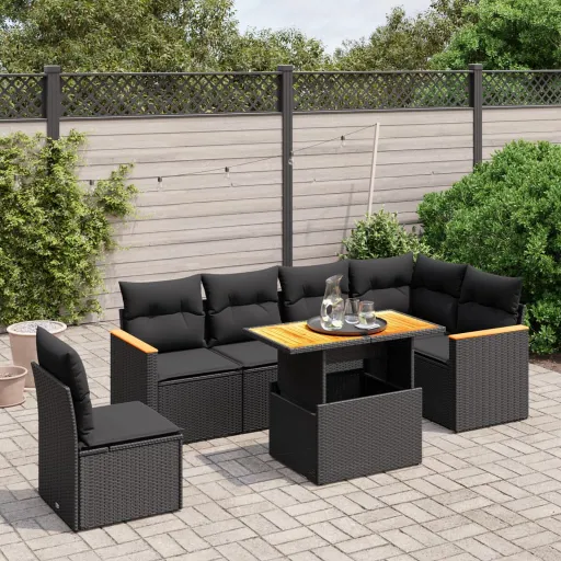 Set de Comedor de Jardín 7 Pzas y Cojines Ratán Sintético Negro