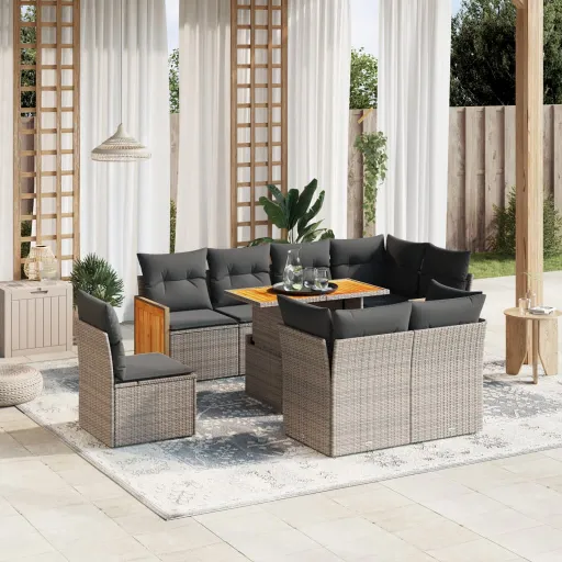 Set de Muebles de Jardín 9 Pzas y Cojines Ratán Sintético Gris