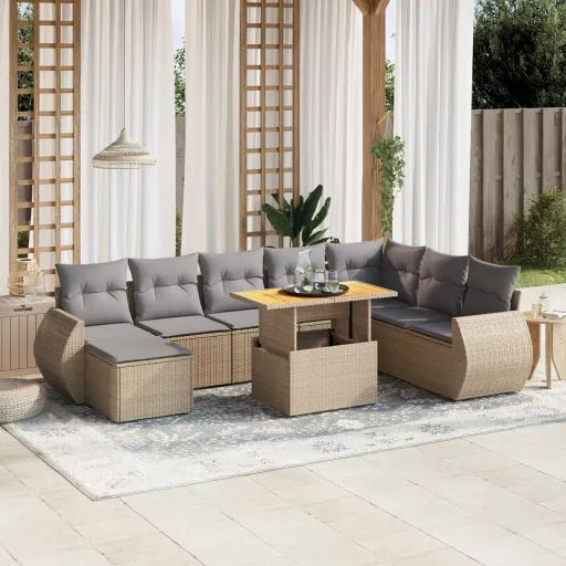 Set de Sofás de Jardín 9 Pzas Con Cojines Ratán Sintético Beige