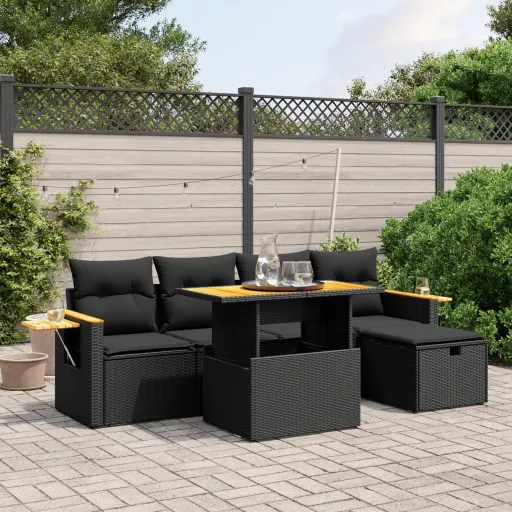 Set de Sofás de Jardín 6 Piezas y Cojines Ratán Sintético Negro