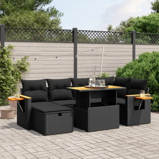 Set de Comedor de Jardín 7 Pzas y Cojines Ratán Sintético Negro