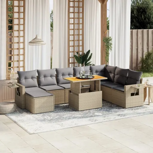 Set de Sofás de Jardín 9 Pzas Con Cojines Ratán Sintético Beige