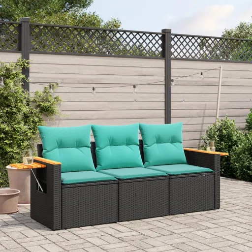 Set de Sofás de Jardín Con Cojines 3 Pzas Ratán Sintético Negro