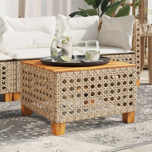 Mesa de Jardín Ratán Sintético Madera Acacia Beige 55x55x36 cm