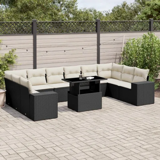 Set de Sofás de Jardín 11 Pzas y Cojines Ratán Sintético Negro