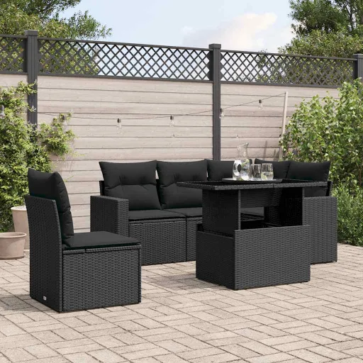Set de Sofás de Jardín 6 Piezas y Cojines Ratán Sintético Negro