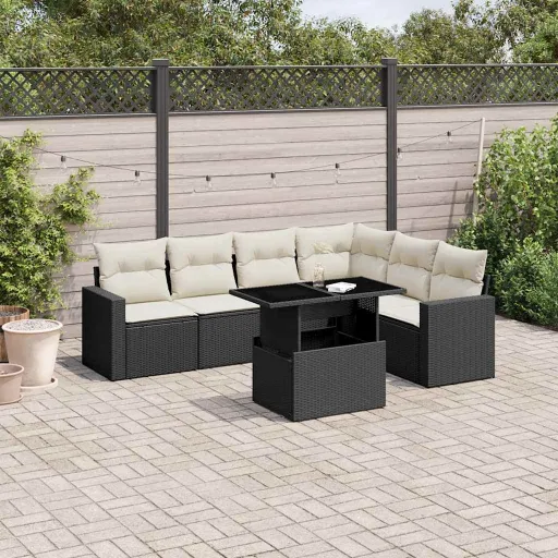 Set de Sofás de Jardín 7 Pzas Con Cojines Ratán Sintético Negro
