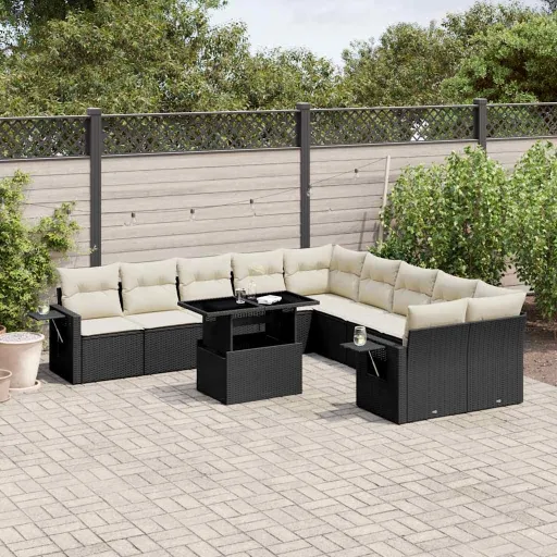 Set de Sofás de Jardín 11 Pzas y Cojines Ratán Sintético Negro