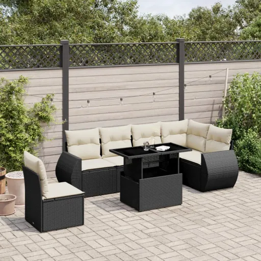 Set de Sofás de Jardín 7 Pzas Con Cojines Ratán Sintético Negro