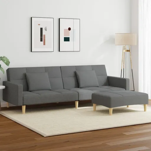 Sofá Cama de 2 Plazas Con Taburete Tela Gris Oscuro
