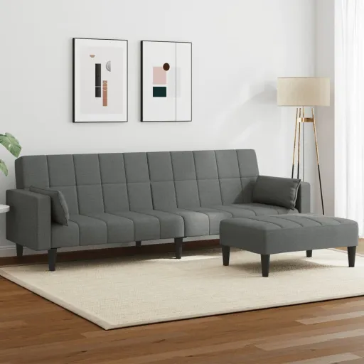Sofá Cama de 2 Plazas Con Taburete Tela Gris Oscuro