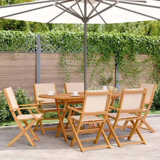 Set de Comedor de Jardín 7 Pzas Tela Madera Maciza Beige