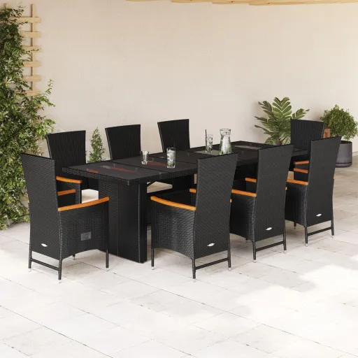 Set de Comedor de Jardín 9 Pzas y Cojines Ratán Sintético Negro