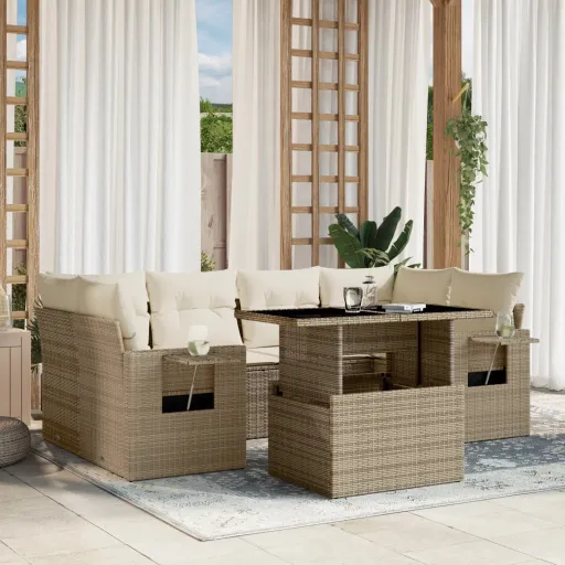 Set Sofás de Jardín 7 Piezas y Cojines Ratán Sintético Beige