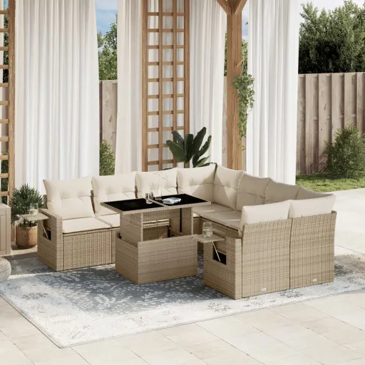 Set de Sofás de Jardín 9 Pzas Con Cojines Ratán Sintético Beige