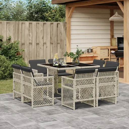 Set Comedor de Jardín 9 Pzas Cojines Ratán Sintético Gris Claro