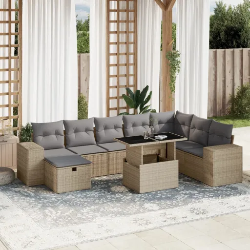 Set de Sofás de Jardín 9 Pzas Con Cojines Ratán Sintético Beige