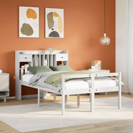 Cama Con Estantería Sin Colchón Madera Maciza Blanca 135x190 cm