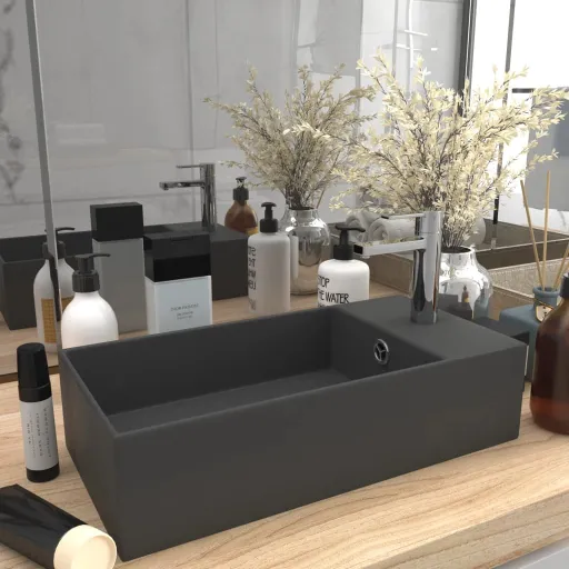 Lavabo Con Rebosadero Cerámica Gris Oscuro