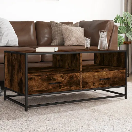 Mesa de Centro Madera Ingeniería Metal Roble Humo 100x50x45 cm