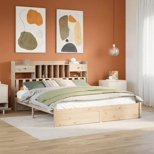 Cama Con Estantería Sin Colchón Madera Maciza de Pino 180x200cm