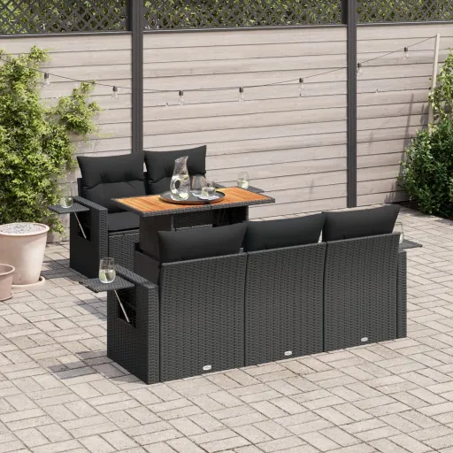 Set de Sofás de Jardín 6 Piezas y Cojines Ratán Sintético Negro