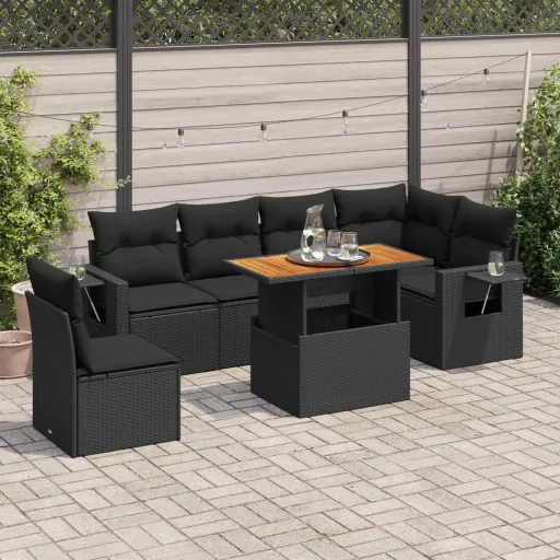 Set de Sofás de Jardín 7 Pzas Con Cojines Ratán Sintético Negro