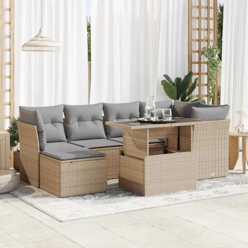 Set Sofás de Jardín 7 Piezas y Cojines Ratán Sintético Beige