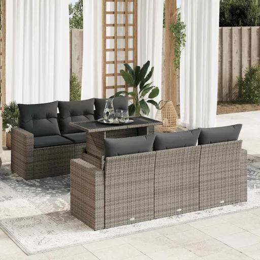 Set de Sofás de Jardín 7 Pzas Con Cojines Ratán Sintético Gris