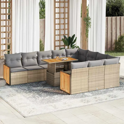 Set Sofás Jardín y Cojines 11 Pzas Ratán Sintético Acacia Beige