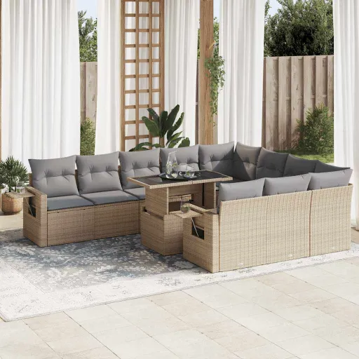 Set de Sofás de Jardín 11pzas Con Cojines Ratán Sintético Beige
