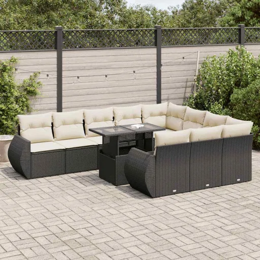 Set de Sofás de Jardín 11 Pzas y Cojines Ratán Sintético Negro