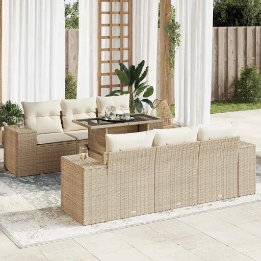 Set Sofás de Jardín 7 Piezas y Cojines Ratán Sintético Beige
