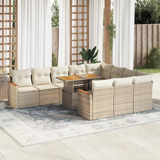Set Sofás Jardín y Cojines 11 Pzas Ratán Sintético Acacia Beige
