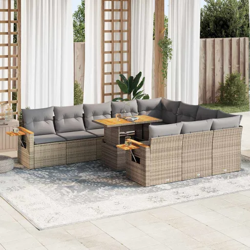 Set Sofás Jardín y Cojines 11 Pzas Ratán Sintético Acacia Beige