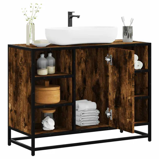 Armario Lavabo Baño Madera Ingeniería Roble Ahumado 80x33x60 cm