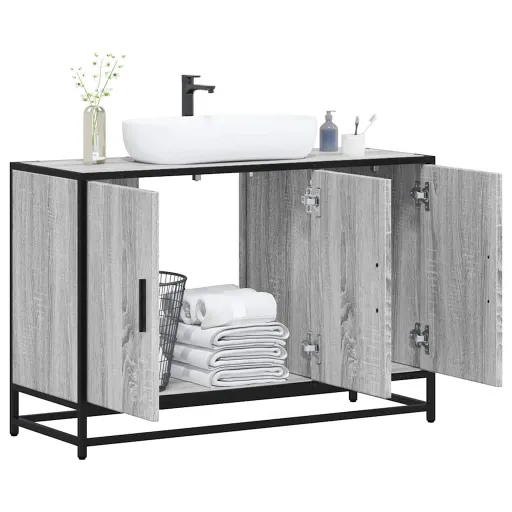 Armario Lavabo Baño Madera Ingeniería Gris Sonoma 90x33x60 cm