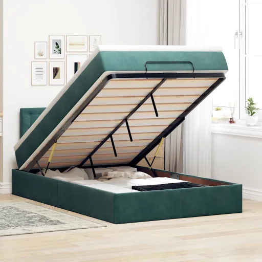 Estructura Cama Otomana Colchón Terciopelo Verde Oscuro