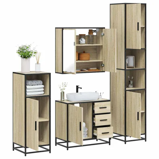 Juego de Muebles de Baño 4 Pzas Contrachapada Roble Sonoma