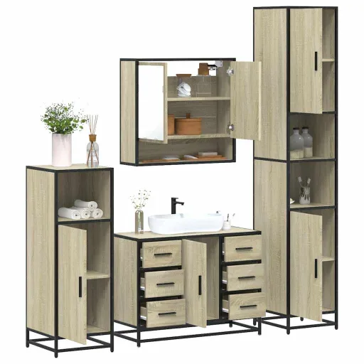 Juego de Muebles de Baño 4 Pzas Contrachapada Roble Sonoma
