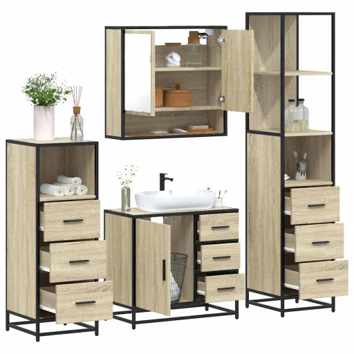 Juego de Muebles de Baño 4 Pzas Contrachapada Roble Sonoma