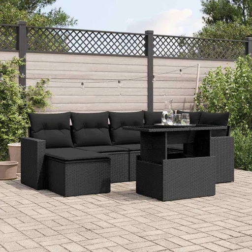 Set de Sofás de Jardín 7 Pzas Con Cojines Ratán Sintético Negro
